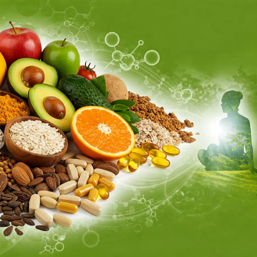 Home 17 Alimentos naturais como frutas, sementes, grãos, suplementos e cápsulas sobre fundo verde, representando saúde integrativa, equilíbrio nutricional e terapia ortomolecular.