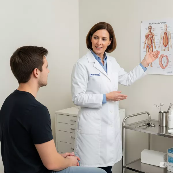 Insuflação Retal com Ozônio 1 Profissional da saúde explica a um paciente, em consultório, os benefícios da insuflação retal com ozônio, utilizando um pôster anatômico como apoio visual.