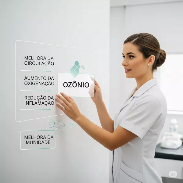 Ozonioterapia em Campo Grande RJ 1 Profissional da saúde aponta para uma tela interativa com os principais benefícios do ozônio: melhora da circulação, oxigenação, imunidade e redução da inflamação.
