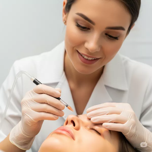 Plasma Rico em Plaquetas 1 Médica aplicando plasma rico em plaquetas (PRP) no rosto de paciente utilizando agulha fina em clínica de estética facial