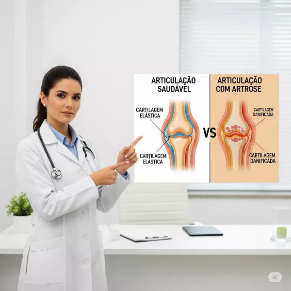 Ozonioterapia para Artrose 1 Médica aponta para ilustração comparativa entre uma articulação saudável e outra com artrose, destacando cartilagens elásticas e cartilagens danificadas.