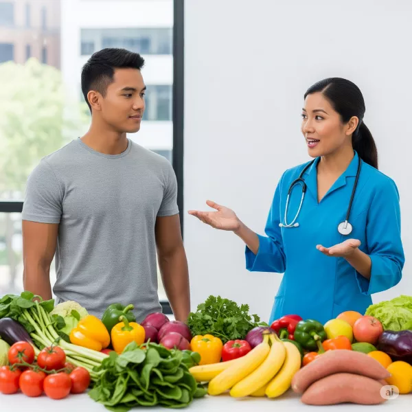 Ortomolecular 1 Nutricionista em Campo Grande RJ explicando a importância de frutas e vegetais frescos para a saúde e bem-estar.